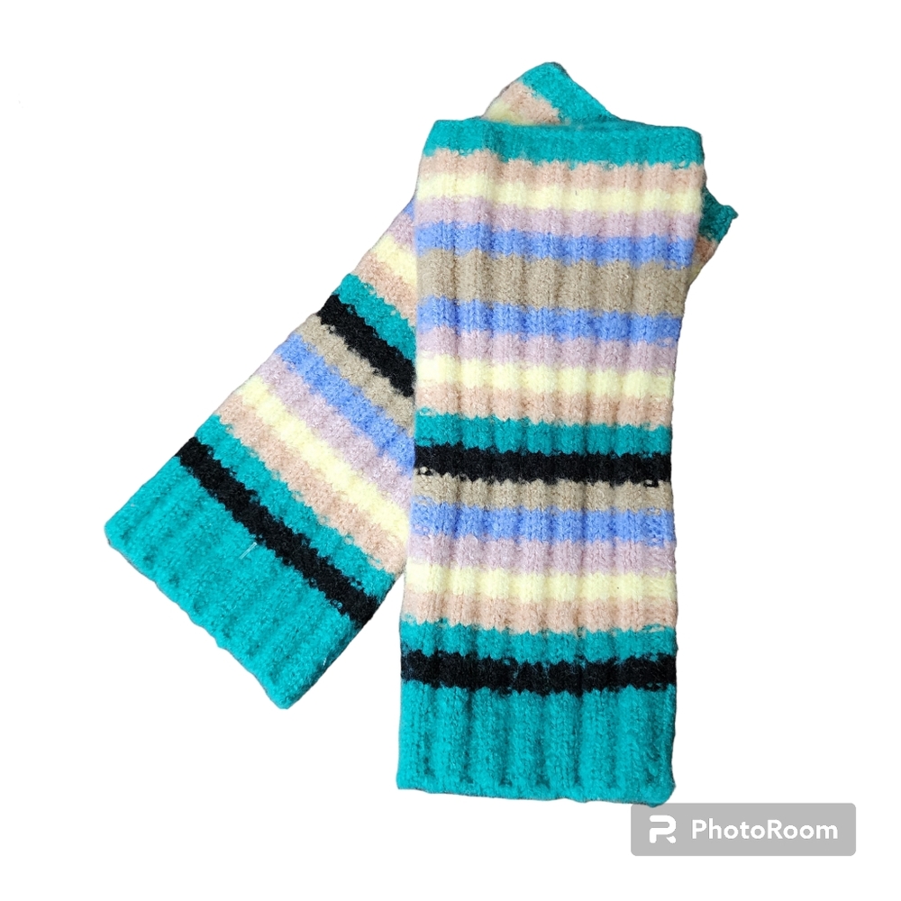 FP Arm Warmer Fingerless Gloves Knit Striped Turquoise & Cornflower Blue Tan
